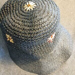 Summer Hat Black with Pink and Yellow Flowers with brim